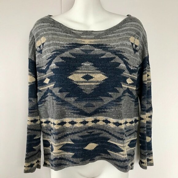RALPH LAUREN Cotton Southwest Tribal Print Pullover Sweater blues greys cream M - Picture 1 of 14